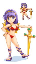 Rule 34 | 1girl, asamiya athena, bikini, blush, breasts, cleavage, gold hairband, hairband, hand on own hip, highres, large breasts, long hair, medium breasts, multiple views, navel, pixel art, pixelflag, princess athena, psycho soldier, purple eyes, purple hair, red bikini, sandals, simple background, snk, swimsuit, sword, the king of fighters, weapon, white background