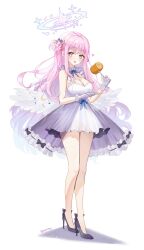 Rule 34 | 1girl, absurdres, angel wings, ash (cat7evy), blue archive, blush, bow, breasts, cleavage, dress, feathered wings, flower, food, full body, gloves, hair bun, hair flower, hair ornament, halo, high heels, highres, holding, large breasts, long hair, looking at viewer, low wings, mika (blue archive), pink hair, scrunchie, single side bun, solo, very long hair, white dress, white wings, wings, yellow eyes