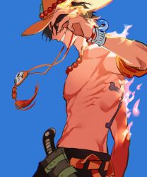 Rule 34 | 1boy, back tattoo, bead necklace, beads, black shorts, blue background, brown hair, cowboy shot, facing to the side, fire, freckles, grin, hat, highres, jewelry, male focus, necklace, one piece, parted bangs, portgas d. ace, profile, sheath, short hair, shorts, smile, solo, tattoo, teeth, toned, toned male, topless male, yanfenguo gao