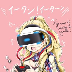 Rule 34 | 10s, 1girl, blonde hair, blue hair, commandant teste (kancolle), controller, earphones, flying sweatdrops, french text, game controller, head-mounted display, kantai collection, long hair, motion blur, multicolored clothes, multicolored hair, multicolored scarf, no headwear, pink background, plaid, plaid scarf, playstation controller, playstation vr, ponytail, profanity, red hair, resident evil, resident evil 7: biohazard, scarf, solo, streaked hair, sweat, tk8d32, white hair