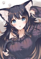 Rule 34 | 1girl, animal ears, arm up, black hair, black sweater, blue eyes, breasts, brown hair, cat ears, cat girl, cat tail, collarbone, commission, copyright request, daidai ookami, hair between eyes, large breasts, long hair, long sleeves, multicolored hair, off-shoulder sweater, off shoulder, paw print, paw print background, puffy long sleeves, puffy sleeves, ribbed sweater, skeb commission, solo, streaked hair, sweater, tail, tail grab, upper body, very long hair