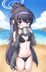 Rule 34 | 1girl, :d, absurdres, beach, bikini, black bikini, black hair, blue archive, blue sky, blurry, blush, bow, breasts, cardigan, cleavage, cloud, cloudy sky, coffee mug, commentary request, cup, depth of field, grey cardigan, groin, hair between eyes, hair bow, hair ribbon, hairband, halo, highres, holding, holding cup, horizon, jewelry, long hair, long sleeves, looking at viewer, mug, navel, necklace, ocean, official alternate costume, official alternate hairstyle, open cardigan, open clothes, open mouth, outdoors, pendant, ponytail, purple eyes, ribbon, sidelocks, sky, sleeveless, small breasts, smile, solo, ssalyun, stomach, sweatdrop, swimsuit, ui (blue archive), ui (swimsuit) (blue archive)