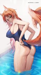 Rule 34 | 1girl, adjusting clothes, adjusting swimsuit, animal ears, ass, blush, breasts, commentary, english commentary, extra ears, fox ears, fox tail, green eyes, highres, large breasts, liremi, long hair, looking at viewer, multiple tails, one-piece swimsuit, orange hair, original, solo, standing, swimsuit, tail, water, wet