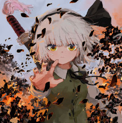 Rule 34 | 1girl, black hairband, black nails, closed mouth, commentary, english commentary, green eyes, green vest, grey hair, hairband, highres, konpaku youmu, long sleeves, looking at viewer, nail polish, reddizen, sheath, sheathed, shirt, short hair, solo, sword, sword behind back, touhou, upper body, vest, weapon, white shirt