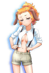 Rule 34 | 1girl, :&lt;, animal ears, breasts, brown eyes, dog ears, female focus, fictional persona, halftone, halftone background, navel, open clothes, open shirt, orange hair, original, ponytail, self-portrait, shirt, short hair, shorts, sleeves rolled up, solo, suspenders, ueyama michirou, underboob, white background