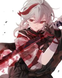 Rule 34 | 1boy, bandaged arm, bandaged hand, bandages, black gloves, crossed bangs, fingerless gloves, genshin impact, gloves, grey hair, hair between eyes, highres, holding, holding sword, holding weapon, japanese clothes, kaedehara kazuha, male focus, multicolored hair, parted lips, ponytail, red eyes, red hair, simple background, solo, streaked hair, sword, weapon, white background, yamimumemo