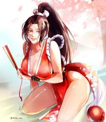 Rule 34 | 1girl, bare shoulders, breasts, brown eyes, brown hair, fatal fury, hand fan, high ponytail, highres, holding, holding fan, japanese clothes, large breasts, lips, long hair, looking at viewer, ninja, revealing clothes, shinobi life1, shiranui mai, smile, solo, the king of fighters, the king of fighters xv, thighs, twitter username