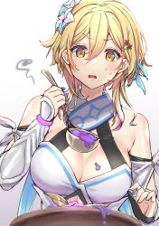 Rule 34 | 1girl, @ @, blonde hair, breasts, chumugi, cleavage, detached sleeves, dress, flower, food on body, food on breasts, genshin impact, hair between eyes, hair flower, hair ornament, highres, holding, holding ladle, ladle, large breasts, lumine (genshin impact), open mouth, sidelocks, simple background, solo, sweat, white background, white dress, yellow eyes