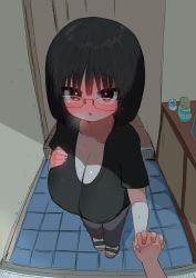 Rule 34 | 1girl, black hair, blush, breasts, cleavage, glasses, highres, holding hands, large breasts, zurikishi
