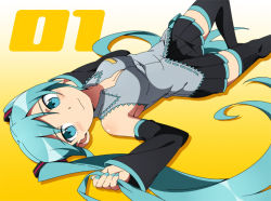 Rule 34 | 1girl, :3, aqua eyes, aqua hair, arieko, armpits, bare shoulders, blush, breasts, cleavage, detached sleeves, from above, hatsune miku, long hair, looking at viewer, lying, nail polish, on back, skirt, smile, solo, thighhighs, twintails, very long hair, vocaloid, zettai ryouiki