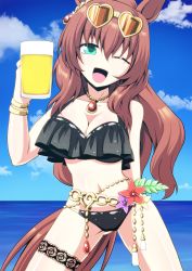 Rule 34 | alcohol, animal ears, aqua eyes, beach, beer, beer mug, bikini, black bikini, blue sky, breasts, brown hair, cleavage, cloud, collarbone, cup, day, eyewear on head, heart, heart-shaped eyewear, highres, holding, holding cup, horse ears, horse girl, horse tail, jewelry, kamishima kanon, large breasts, long hair, looking at viewer, maruzensky (blasting off summer night) (umamusume), maruzensky (umamusume), mug, navel, necklace, ocean, official alternate costume, one eye closed, open mouth, outdoors, sky, smile, solo, sunglasses, swimsuit, tail, thigh strap, umamusume