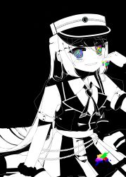 Rule 34 | 1girl, absurdres, alina gray, amane hikari, black bow, black hat, black necktie, black vest, blunt ends, bow, brooch, chain, collar, cross tie, detached collar, fur cuffs, hair between eyes, hat, highres, jewelry, lapels, long hair, looking at viewer, magia record: mahou shoujo madoka magica gaiden, magical girl, mahou shoujo madoka magica, necktie, notched lapels, old dorothy, open mouth, partially colored, peaked cap, pleated skirt, puffy short sleeves, puffy sleeves, short sleeves, sidelocks, sitting, skirt, sleeve cuffs, smile, solo, straight hair, v-neck, very long hair, vest, waist bow, white collar, white sleeves
