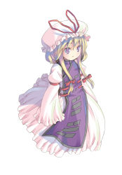 Rule 34 | 1girl, absurdres, age regression, blonde hair, dress, flat chest, frilled dress, frills, hat, hat ribbon, highres, long hair, long sleeves, mob cap, mob cap, pop (electromagneticwave), purple eyes, red ribbon, ribbon, tabard, touhou, trigram, white dress, wide sleeves, yakumo yukari, yakumo yukari (young), yin yang, yin yang print, aged down