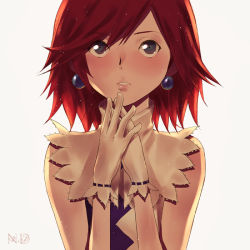 Rule 34 | 1girl, bad id, bad pixiv id, breasts, earrings, eye contact, facing viewer, fubuki (fakemonkey0224), jewelry, looking at another, looking at viewer, medium breasts, medium hair, nicolette (saga frontier), parted lips, red hair, saga, saga frontier 2, solo, swept bangs