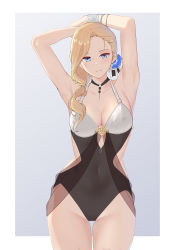 Rule 34 | 1girl, absurdres, armpits, arms behind head, azur lane, blonde hair, blue eyes, blush, breasts, cleavage, closed mouth, collarbone, copper, covered navel, feet out of frame, flower, hair flower, hair ornament, highres, hood (azur lane), hood (lady of the shining sun) (azur lane), long hair, looking at viewer, medium breasts, official alternate costume, simple background, smile, solo, standing, swimsuit