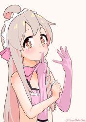 Rule 34 | 1girl, absurdres, ahoge, alternate costume, artist name, bare shoulders, blush, bow, bowtie, bra, braid, brown eyes, colored inner hair, commentary, elbow gloves, frilled gloves, frills, genderswap, genderswap (mtf), gloves, grey hair, happyundergate, highres, looking at viewer, maid headdress, mouth hold, multicolored hair, onii-chan wa oshimai!, outline, oyama mahiro, pink bow, pink bowtie, pink bra, pink gloves, pink hair, pink outline, side braid, simple background, single bare arm, single braid, single elbow glove, single glove, twitter username, two-tone hair, underwear, underwear only, upper body, white background