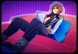 Rule 34 | 10s, 1boy, :q, couch, cross-laced footwear, ensemble stars!, from below, licking lips, male focus, open mouth, orange hair, pakkuncho, pillow, pinstripe pattern, ponytail, smile, solo, tongue, tongue out, tsukinaga leo