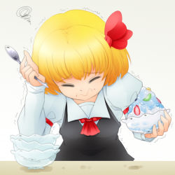 Rule 34 | 1girl, ascot, bbb (33kudo), blonde hair, bowl, brain freeze, closed eyes, food, fruit, gradient background, grimace, hair ribbon, long sleeves, puffy sleeves, ribbon, rumia, shirt, short hair, simple background, solo, spoon, squiggle, table, touhou, trembling, upper body, vest, wavy mouth