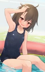 Rule 34 | 1girl, adjusting hair, ahoge, blush, breasts, brown hair, centi mnkt, collarbone, feet out of frame, highres, looking at viewer, old school swimsuit, one-piece swimsuit, open mouth, orange eyes, original, outdoors, school swimsuit, short hair, sidelocks, sitting, small breasts, smile, solo, swimsuit, wading pool, water drop, wet