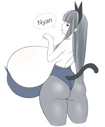 Rule 34 | 1girl, animal ears, ass, back, breasts, cat ears, cat tail, fake animal ears, fake tail, futon7979, gigantic breasts, huge ass, kittysuit, leotard, long hair, nontraditional playboy bunny, original, pantyhose, paw pose, sideboob, solo, speech bubble, tail, white background