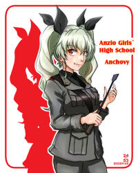 Rule 34 | 1girl, anchovy (girls und panzer), anzio military uniform, artist logo, belt, black belt, black necktie, black ribbon, black shirt, border, character name, closed mouth, commentary, dated, dress shirt, drill hair, english text, girls und panzer, green hair, grey jacket, grey pants, grin, hair ribbon, holding, holding riding crop, jacket, long hair, long sleeves, looking at viewer, military, military uniform, necktie, nishi itsumi, outline, pants, red border, red eyes, ribbon, riding crop, rounded corners, sam browne belt, shirt, silhouette, smile, solo, standing, twin drills, twintails, uniform, white outline, wing collar