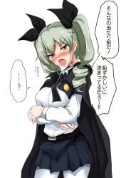 Rule 34 | 10s, 1girl, anchovy (girls und panzer), belt, black necktie, black skirt, blush, breast hold, breasts, cape, contrapposto, cowboy shot, drill hair, emblem, female focus, girls und panzer, green hair, hair ribbon, long hair, long sleeves, looking at viewer, miniskirt, necktie, nose blush, open mouth, pantyhose, pleated skirt, poshi (ginmokusei), red eyes, ribbon, school uniform, shirt, skirt, solo, standing, sweat, translation request, tsurime, twin drills, twintails, white background, white pantyhose, white shirt