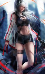 Rule 34 | 1girl, absurdres, arknights, bare legs, black shorts, bow (weapon), breasts, cleavage, commentary, crop top, crossbow, english commentary, feet out of frame, highres, holding, holding bow (weapon), holding crossbow, holding weapon, jacket, long hair, long sleeves, looking at viewer, lumi ja, medium breasts, midriff peek, navel, open clothes, open jacket, parted lips, pouch, schwarz (arknights), short shorts, shorts, silver hair, solo, standing, stomach, thigh strap, thighs, weapon, yellow eyes