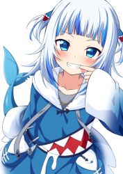 Rule 34 | 1girl, blue eyes, blue hair, blue hoodie, blush, cheek pull, commentary request, drawstring, fins, fish tail, gawr gura, gawr gura (1st costume), grey hair, grin, hair ornament, highres, hololive, hololive english, hood, hood down, hoodie, long sleeves, looking at viewer, multicolored hair, shark tail, sharp teeth, simple background, sleeves past wrists, smile, solo, streaked hair, tail, teeth, two side up, ugume, virtual youtuber, white background, wide sleeves