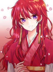 Rule 34 | 1girl, akatsuki no yona, earrings, gradient background, grin, hair between eyes, head tilt, ihye, jewelry, layered sleeves, long hair, long sleeves, looking at viewer, own hands clasped, own hands together, purple eyes, red hair, short over long sleeves, short sleeves, smile, solo, yona (akatsuki no yona)