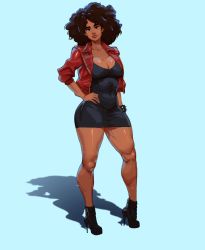 Rule 34 | 1girl, absurdres, afro, ankle boots, big.boss.requiem, big hair, black dress, black footwear, blue background, boots, borrowed character, bracelet, breasts, brown eyes, brown hair, cleavage, commentary, commission, covered navel, dark skin, dark-skinned female, dress, facing viewer, full body, high heel boots, high heels, highres, jacket, jewelry, kaitlyn bridges, large breasts, leather, leather jacket, lips, open clothes, open jacket, original, plunging neckline, red jacket, shadow, short dress, sleeves pushed up, solo, spiked bracelet, spikes, standing, stiletto heels, thick eyebrows, thick thighs, thighs, very dark skin