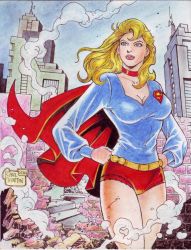Rule 34 | 1girl, belt, blonde hair, bloomers, blue eyes, breasts, building, cape, cleavage, dc comics, hand on own hip, legs, lipstick, long hair, makeup, red cape, retro artstyle, rodel martin, shorts, sky, smoke, solo, standing, supergirl, underwear