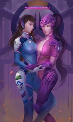 Rule 34 | 2girls, absurdres, alternate eye color, alternate skin color, animal print, armor, armored boots, blue eyes, bodysuit, boots, bracer, breast press, breasts, brown hair, center opening, cleavage, collarbone, copyright name, covered navel, cowboy shot, d.va (overwatch), emblem, facepaint, facial mark, gauntlets, gloves, greaves, gun, hand on another&#039;s hand, head-mounted display, headphones, helmet, high collar, highres, knee boots, lips, lipstick, logo, long hair, looking at another, makeup, medium breasts, multiple girls, overwatch, overwatch 1, parted lips, pauldrons, pilot suit, ponytail, purple gloves, purple hair, rabbit print, rifle, shiny clothes, short sleeves, shoulder armor, shoulder pads, skin tight, smile, sniper rifle, swept bangs, symmetrical docking, thigh boots, thigh strap, thighhighs, turtleneck, vambraces, very long hair, visor, weapon, whisker markings, white footwear, white gloves, widowmaker (overwatch), yellow eyes, yuri