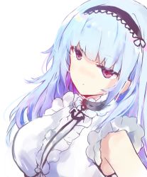 Rule 34 | 1girl, anchor, azur lane, bad id, bad pixiv id, bare shoulders, black hairband, blue hair, breasts, center frills, closed mouth, commentary request, dido (azur lane), frills, hairband, highres, long hair, looking at viewer, medium breasts, red eyes, shirt, simple background, sleeveless, sleeveless shirt, solo, tsukiyo (skymint), upper body, white background, white shirt