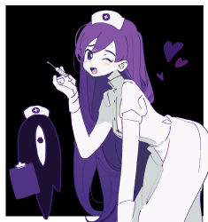 Rule 34 | 1girl, :d, black background, clipboard, commentary, dress, gloves, hat, highres, holding, holding syringe, long hair, looking at viewer, mari (omori), nurse, nurse cap, omori, one eye closed, open mouth, puffy short sleeves, puffy sleeves, purple eyes, purple hair, rubber gloves, short sleeves, simple background, smile, soko, something (omori), symbol-only commentary, syringe, very long hair, white dress, white gloves
