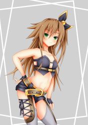 Rule 34 | 1girl, bare shoulders, black gloves, black ribbon, blush, brown hair, commentary request, cowboy shot, crop top, fingerless gloves, four goddesses online: cyber dimension neptune, from side, gloves, green eyes, hair ribbon, hand on own ass, highres, if (neptunia), kyou (hibikit), leaning forward, long hair, looking at viewer, navel, neptune (series), ribbon, smile, solo, thighhighs