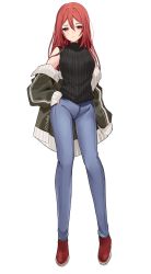 Rule 34 | 1girl, black sweater, breasts, closed mouth, denim, full body, hair between eyes, half-closed eyes, hands in pockets, highres, jacket, jeans, large breasts, long hair, looking at viewer, mingita (ry thae), open clothes, open jacket, original, pants, red eyes, red footwear, red hair, ribbed sweater, ry thae, simple background, sleeveless, sleeveless sweater, sweater, turtleneck, turtleneck sweater, white background