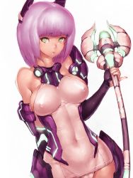 Rule 34 | 1girl, bare shoulders, breasts, cameltoe, covered erect nipples, covered navel, elbow gloves, explosive, fumio (rsqkr), gloves, large breasts, lips, looking at viewer, marlur, phantasy star, phantasy star online 2, pink hair, pinky out, short hair, simple background, solo, staff, white background, wide hips