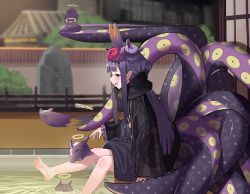 Rule 34 | 1girl, :d, absurdres, barefoot, black kimono, black scarf, blue eyes, blunt bangs, commentary, double bun, feet, flower, from side, hair bun, hair flower, hair ornament, halo, haori, highres, hololive, hololive english, horns, japanese clothes, jiki (gkdlfnzo1245), kimono, long hair, long sleeves, looking away, ninomae ina&#039;nis, ninomae ina&#039;nis (new year), open mouth, outdoors, pointy ears, poolside, profile, purple hair, scarf, smile, soaking feet, solo, symbol-only commentary, takodachi (ninomae ina&#039;nis), tentacles, unmoving pattern, virtual youtuber, water