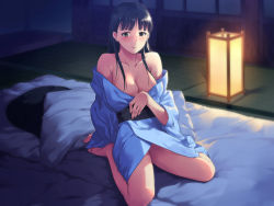 Rule 34 | 1girl, amagi yukiko, another story, bare legs, bare shoulders, barefoot, black hair, blanket, blunt bangs, blush, breasts, brown eyes, cleavage, futon, highres, japanese clothes, kimono, large breasts, long hair, looking at viewer, off shoulder, persona, persona 4, pillow, sitting, smile, solo, tatami, wariza, yukata