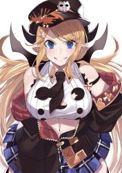 Rule 34 | 1girl, absurdres, bare shoulders, black hat, black horns, black necktie, black wings, blonde hair, blue eyes, blue skirt, blush, breasts, collared shirt, cowboy shot, draph, granblue fantasy, grin, hair ornament, hallessena, hand on own hip, hat, highres, horns, huge filesize, jacket, kameno sachi, large breasts, leaning forward, long hair, long sleeves, looking at viewer, mini wings, miniskirt, necktie, off-shoulder jacket, off shoulder, open clothes, open jacket, pleated skirt, pointy ears, shirt, short necktie, simple background, skirt, smile, solo, twintails, very long hair, virtual youtuber, white background, white shirt, wings
