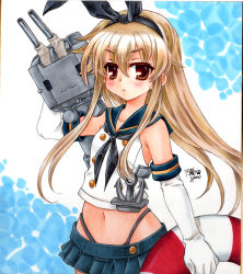 Rule 34 | &gt;:&lt;, 10s, 1girl, :&lt;, anchor hair ornament, blonde hair, brown eyes, carrying over shoulder, chino (ch no), closed mouth, elbow gloves, gloves, hair ornament, holding, innertube, kantai collection, long hair, looking at viewer, navel, pleated skirt, puff of air, rensouhou-chan, school uniform, serafuku, shikishi, shimakaze (kancolle), skirt, solo, striped clothes, striped thighhighs, swim ring, thighhighs, traditional media, v-shaped eyebrows, white gloves, zettai ryouiki, | |