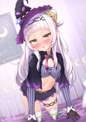 Rule 34 | 1girl, :o, black capelet, black gloves, black hat, black skirt, blunt bangs, blurry, blurry background, blush, breasts, capelet, commentary request, cone hair bun, crop top, full body, gloves, gmkj, groin, hair bun, hair ornament, hat, highres, hololive, kneeling, long hair, long sleeves, looking at viewer, lowleg, lowleg skirt, midriff, murasaki shion, murasaki shion (1st costume), navel, on bed, one side up, pinstripe pattern, pinstripe shirt, shirt, sidelocks, signature, silver hair, single hair bun, single side bun, skirt, small breasts, solo, star (symbol), stirrup legwear, striped clothes, striped shirt, striped thighhighs, thighhighs, tilted headwear, toeless legwear, vertical-striped clothes, vertical-striped shirt, vertical-striped thighhighs, virtual youtuber, wall, window, witch hat, yellow eyes