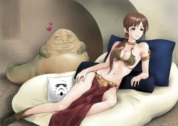 Rule 34 | 1girl, armlet, bad anatomy, blush, boots, breasts, brown eyes, brown hair, cleavage, collar, commentary request, cosplay, earrings, hair over shoulder, heart, highres, idolmaster, idolmaster cinderella girls, jabba the hutt, jewelry, legs, light blush, long hair, looking at viewer, lying, medium breasts, navel, nitta minami, on side, pelvic curtain, pillow, pleiades (sting7712), ponytail, princess leia organa solo, princess leia organa solo (cosplay), slave leia, smile, star wars, star wars: return of the jedi, stormtrooper