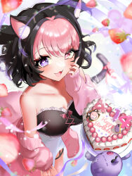 Rule 34 | 1girl, absurdres, animal ear fluff, animal ears, bare shoulders, birthday cake, black hair, blurry, blurry background, blurry edges, bow, breasts, cake, cat ears, cat girl, cat tail, commission, dress, fang, food, fruit, hand on own cheek, hand on own face, happy birthday, heart, heart-shaped cake, heart-shaped pupils, heterochromia, highres, indie virtual youtuber, large breasts, medium breasts, multicolored hair, off shoulder, open mouth, pink eyes, pink hair, pink sweater, purple eyes, solo, strapless, strapless dress, strawb (vtuber), strawberry, sweater, symbol-shaped pupils, tail, tail bow, tail ornament, thick eyelashes, two-tone hair, virtual youtuber, yuarima2