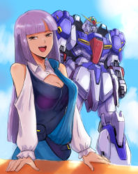 Rule 34 | 1girl, :d, bare shoulders, blunt ends, breasts, brown eyes, buckle, cleavage, cleavage cutout, clothing cutout, cloud, cloudy sky, fanny pack, gacha-m, gundam, gundam zz, long hair, long sleeves, looking at viewer, mecha, mobile suit, open mouth, purple hair, robot, roux louka, shoulder cutout, sidelocks, sky, smile, solo, straight hair, teeth, upper body, v-fin, zeta gundam (mobile suit)