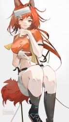 Rule 34 | 1girl, absurdres, animal ears, arknights, black footwear, breasts, cmdr saturn, commentary request, crop top, flametail (arknights), flametail (sport for all) (arknights), grey background, grey socks, highres, large breasts, long hair, looking at viewer, midriff, navel, official alternate costume, orange eyes, orange hair, orange shirt, shirt, shoes, short sleeves, simple background, sitting, smile, socks, solo, squirrel ears, squirrel tail, stomach, tail, very long hair