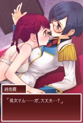 Rule 34 | 2girls, blue eyes, braid, cat hair ornament, commentary request, face-to-face, glasses, hair ornament, multiple girls, niina ryou, red-framed eyewear, red hair, shigure kasumi, short twintails, tokonome mamori, translation request, twin braids, twintails, uniform, valkyrie drive, valkyrie drive -mermaid-, yellow eyes, yuri