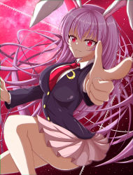 Rule 34 | 1girl, :3, absurdres, animal ears, blazer, blouse, breasts, buttons, closed mouth, collared shirt, crescent, crescent pin, eyes visible through hair, full moon, highres, huge filesize, jacket, large breasts, light purple hair, long hair, looking at viewer, medium skirt, moon, necktie, pink skirt, pleated skirt, pointing, purple hair, rabbit ears, rabbit girl, red eyes, red necktie, reijing etrn, reisen udongein inaba, shirt, skirt, solo, touhou, very long hair
