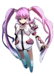 Rule 34 | 1girl, character doll, cropped jacket, dual persona, haruken, kneehighs, official alternate costume, purple eyes, purple hair, short shorts, shorts, socks, solo, sophie (tales), tales of (series), tales of graces, twintails, white background, white shorts
