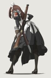 Rule 34 | 1girl, apron, asterisk kome, bolt action, boots, brown hair, gina wallace, gloves, grey background, gun, heroes of order, highres, lee-enfield, maid, maid apron, maid headdress, rifle, scope, sheath, solo, sword, weapon